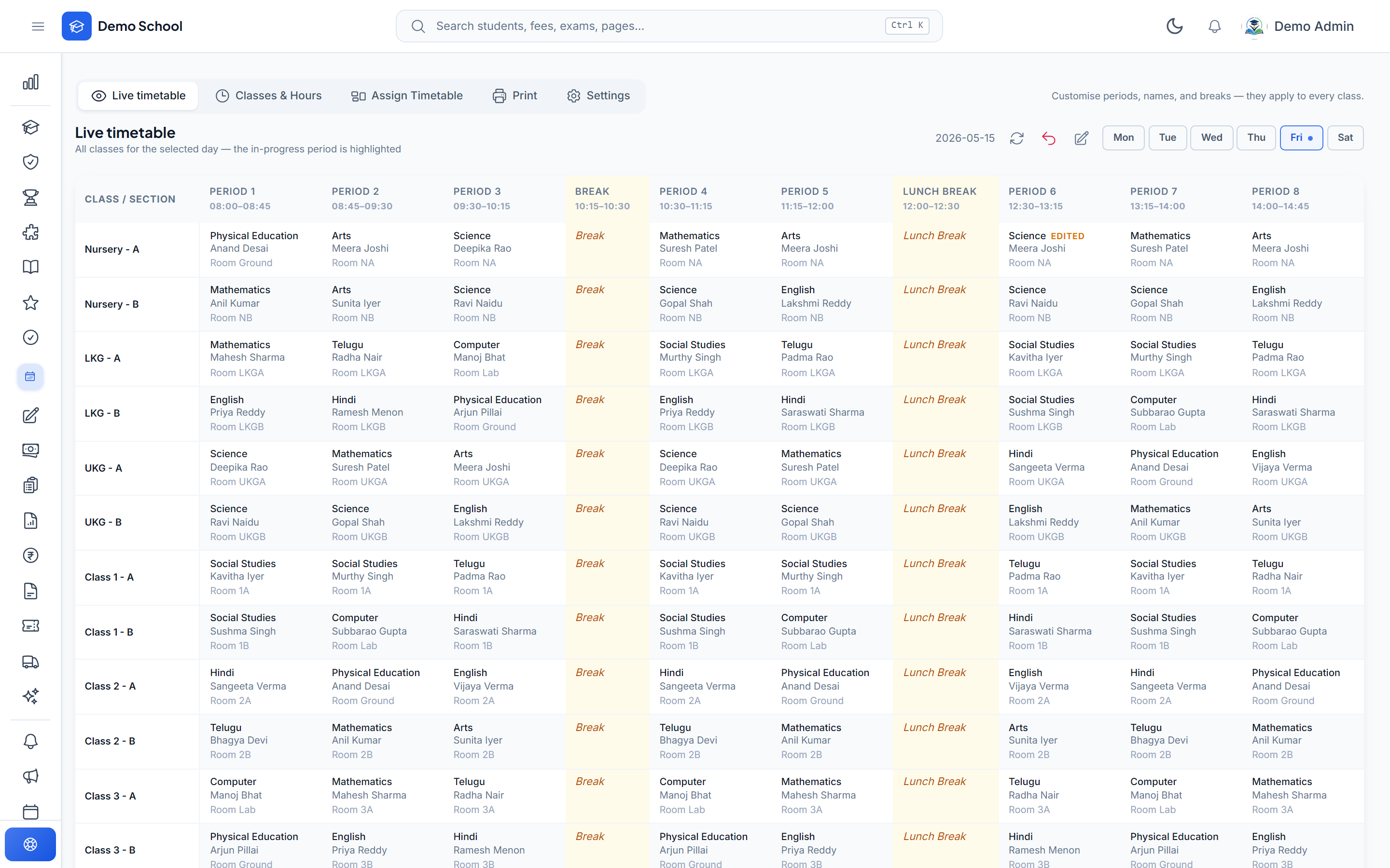 Live timetable with the NOW highlight